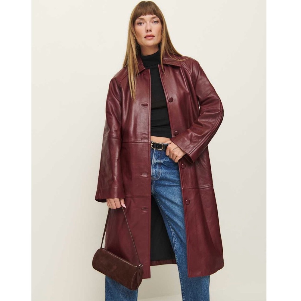 Reformation x Veda Beck Leather Trench in Chianti Burgundy, size medium!